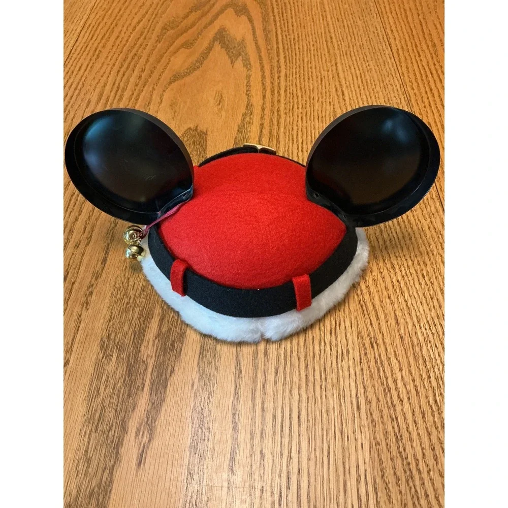 Disney Parks Mickey Mouse Santa Hat Ear Cap Red Felt White Faux Fur Jingle Bell